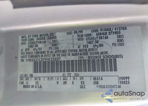 2000 Ford E-350 Super Duty Xl/Xlt z USA, uszkodzony, nr VIN 1FBSS31L3YHA23237
